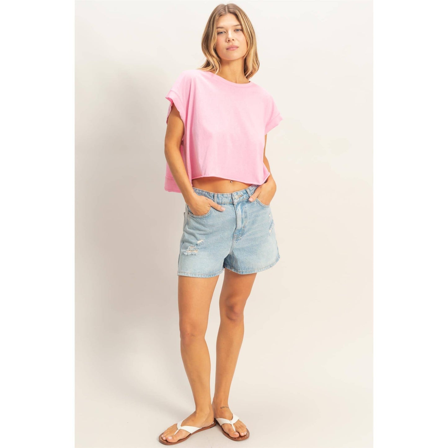 Boxy Crew Neck Top: PINK