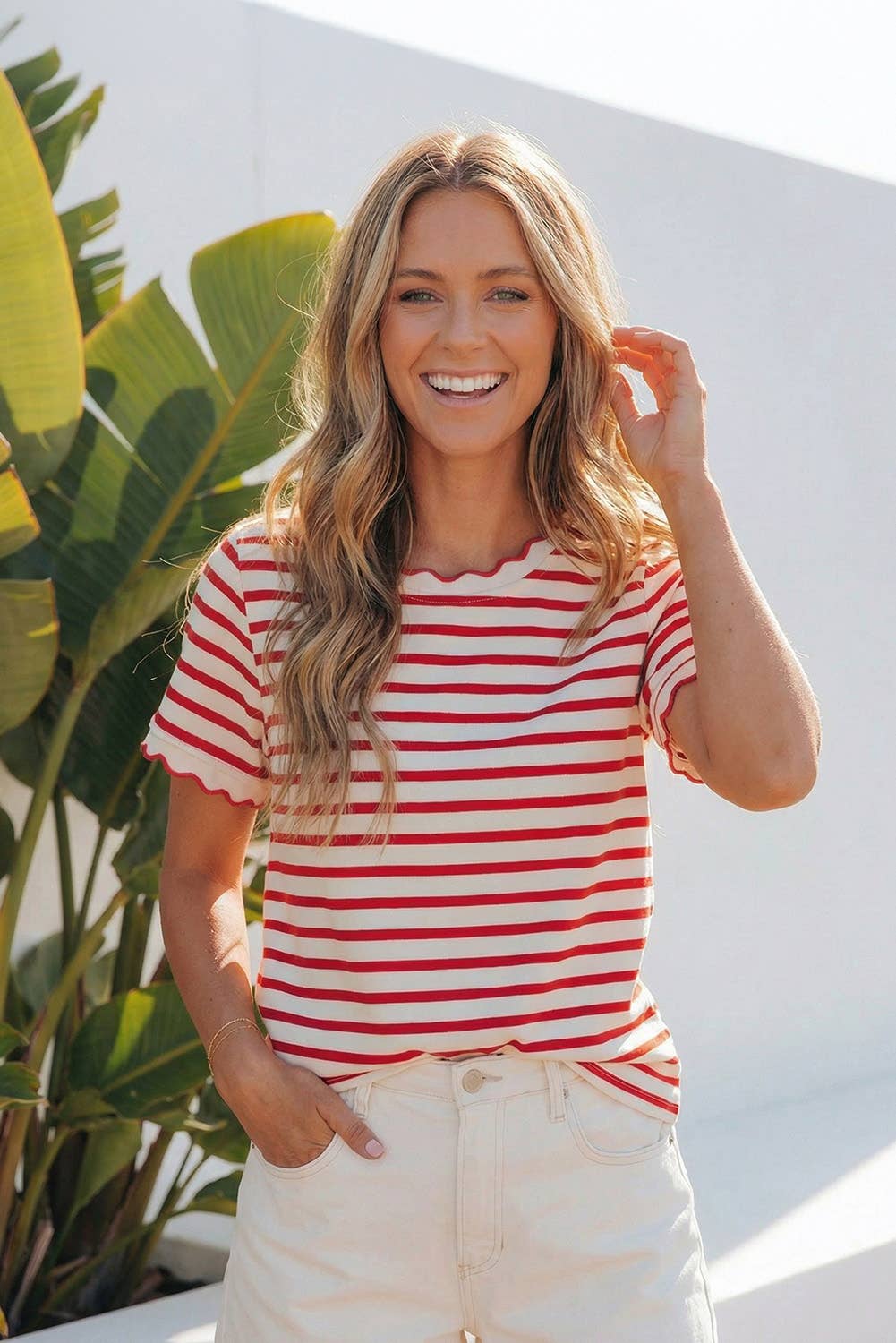 LAS Stripe Scalloped Trim Round Neck T Shirt : Red / Missy