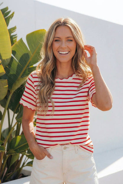 LAS Stripe Scalloped Trim Round Neck T Shirt : Red / Missy