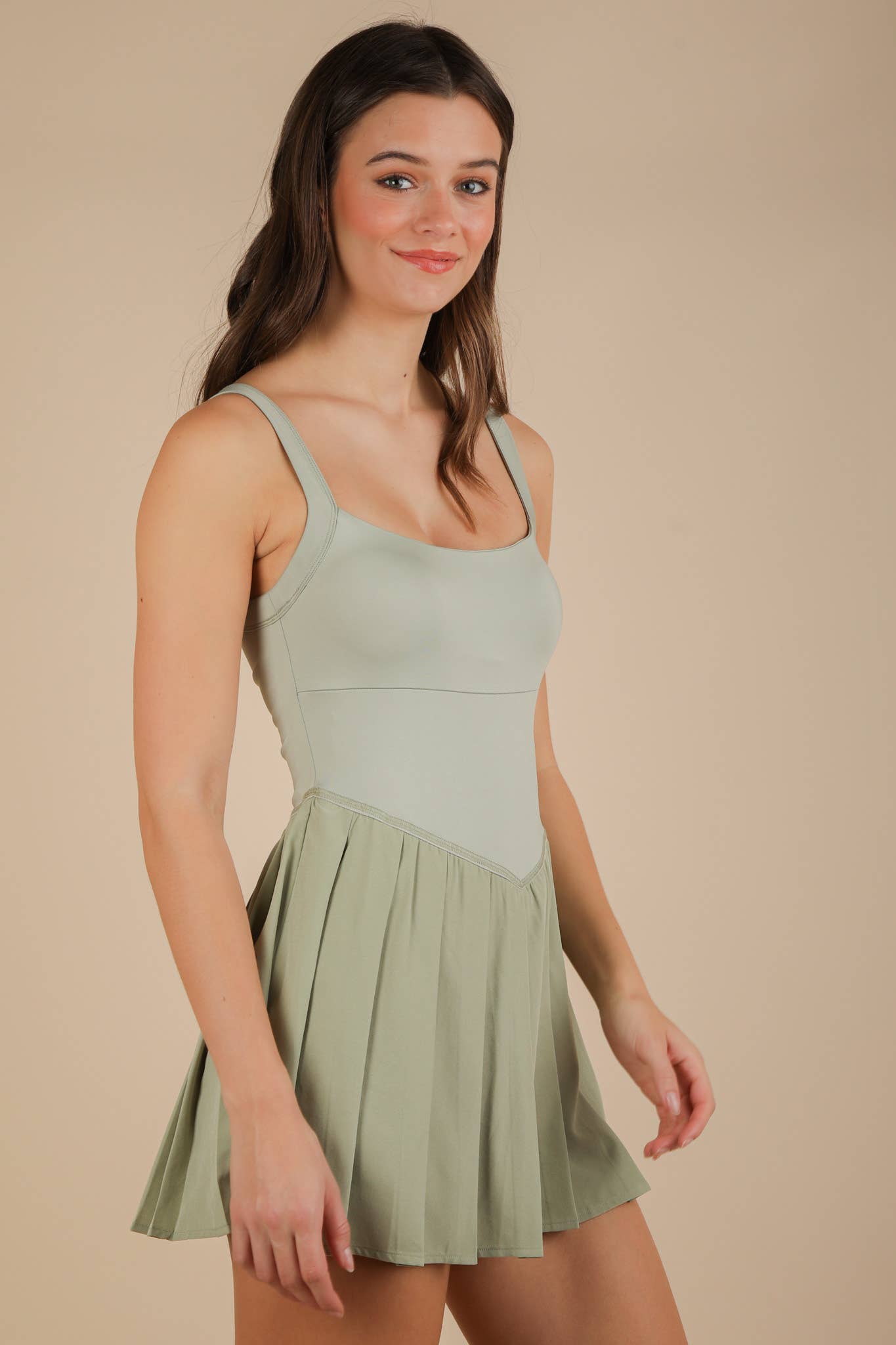 ND31725-Pleated Skirt Activewear Dress W/ Under Shorts: SAGE