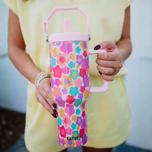 Groovy Multicolored Flowers Easter Tumbler with Straw: Light Pink