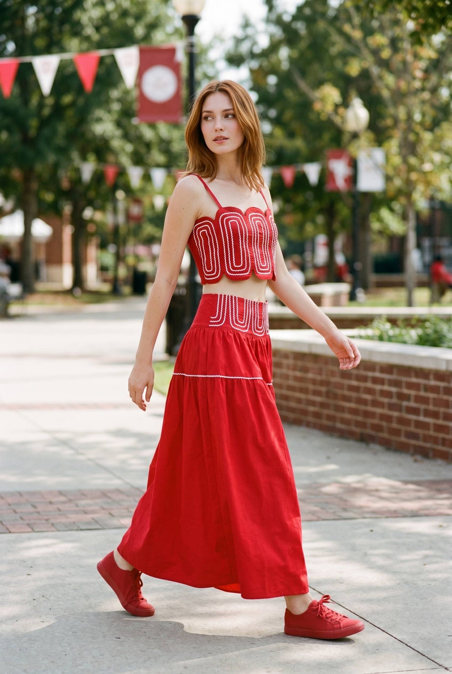 Exclusive Lace Trimmed Top & Skirt Set: CRIMSON/WHITE / S