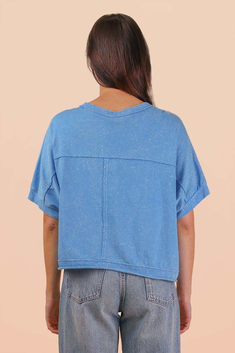 NT11429-Mineral Washed Oversized Crop Comfy Knit Top: BLUE