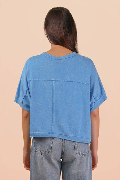 NT11429-Mineral Washed Oversized Crop Comfy Knit Top: BLUE