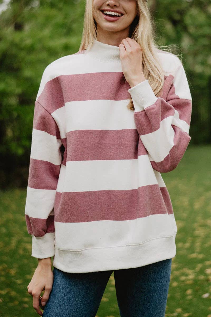 Wine and White Striped Mockneck Pullover: Wine & White