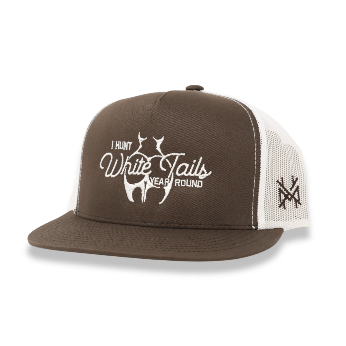 I Hunt White Tails Year Round Trucker Hat: Flat Bill Brown/White