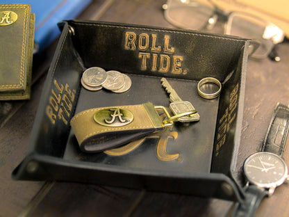 Collegiate Leather Key Fob. Crazyhorse Full Grain Leather With Antique Brass Logo- Alabama Crimson Tide