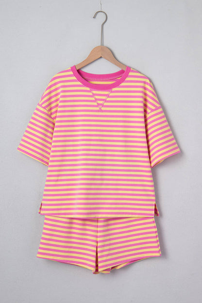 LAS Stripe Contrast Trim Boxy Terry Short Set (S-XL): Rose Stripe / Missy