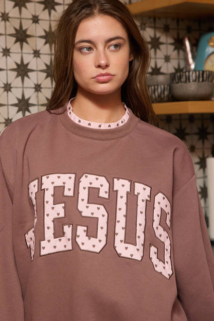 JESUS | 'JESUS' Heart Applique Varsity Sweatshirt: Brown
