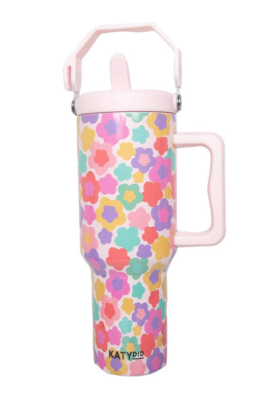 Groovy Multicolored Flowers Easter Tumbler with Straw: Light Pink