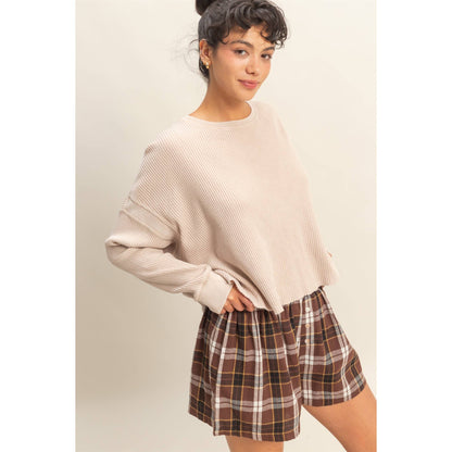 Open Back Textured Knit Long Sleeve Top: CHESTNUT