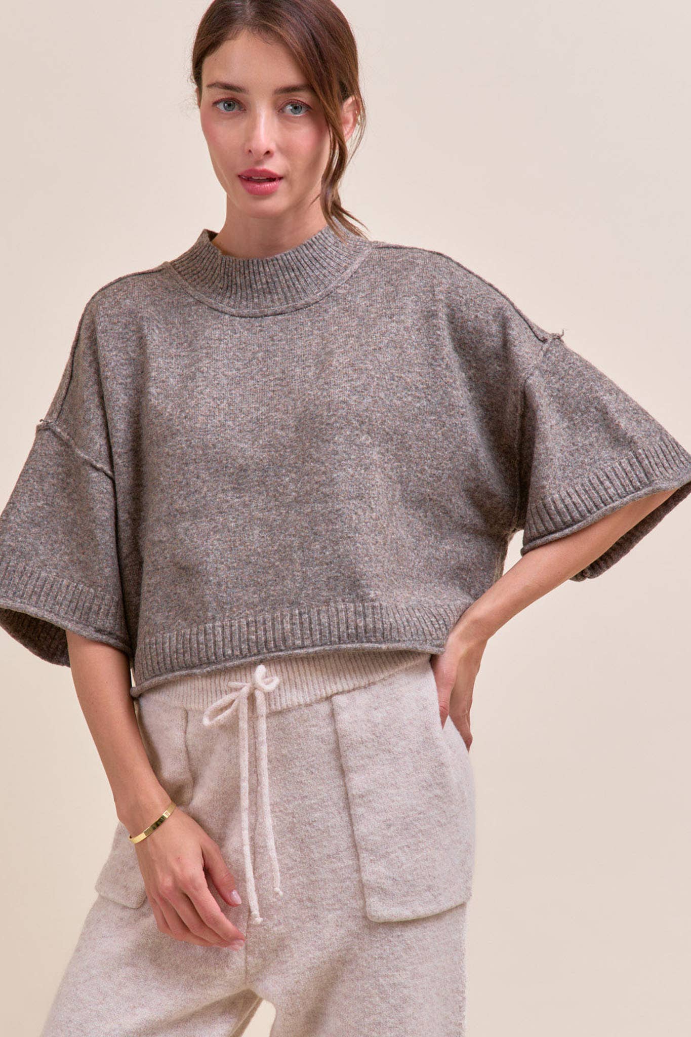 MARLED KNIT MOCK NECK SHORT SLEEVE SWEATER MSW11178: Red