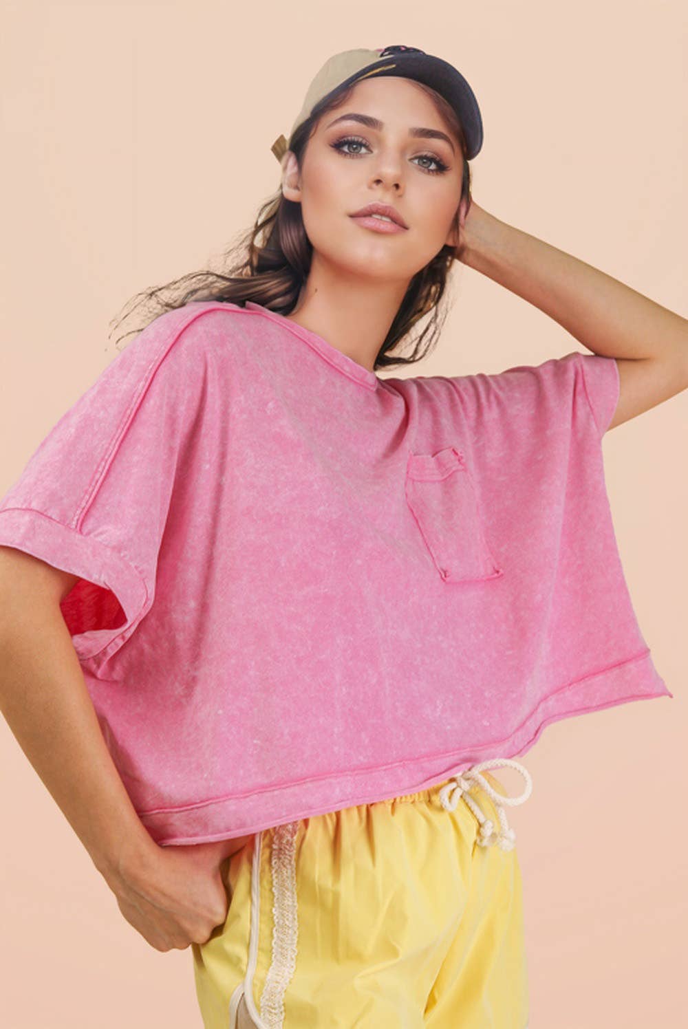 NT11429-Mineral Washed Oversized Crop Comfy Knit Top: BLUE