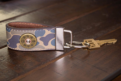 Shotshell Hunting Old School Camo Leather Loop Keychain.: Brown/Tan Camo