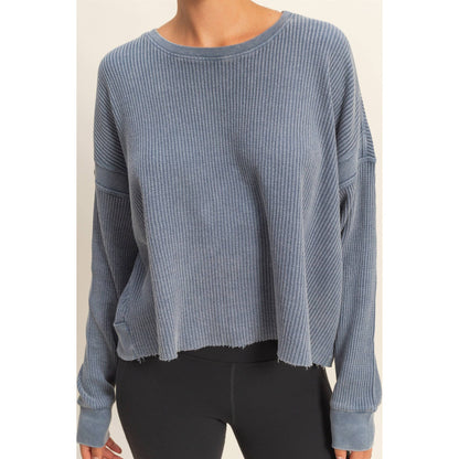 Open Back Textured Knit Long Sleeve Top: CHESTNUT