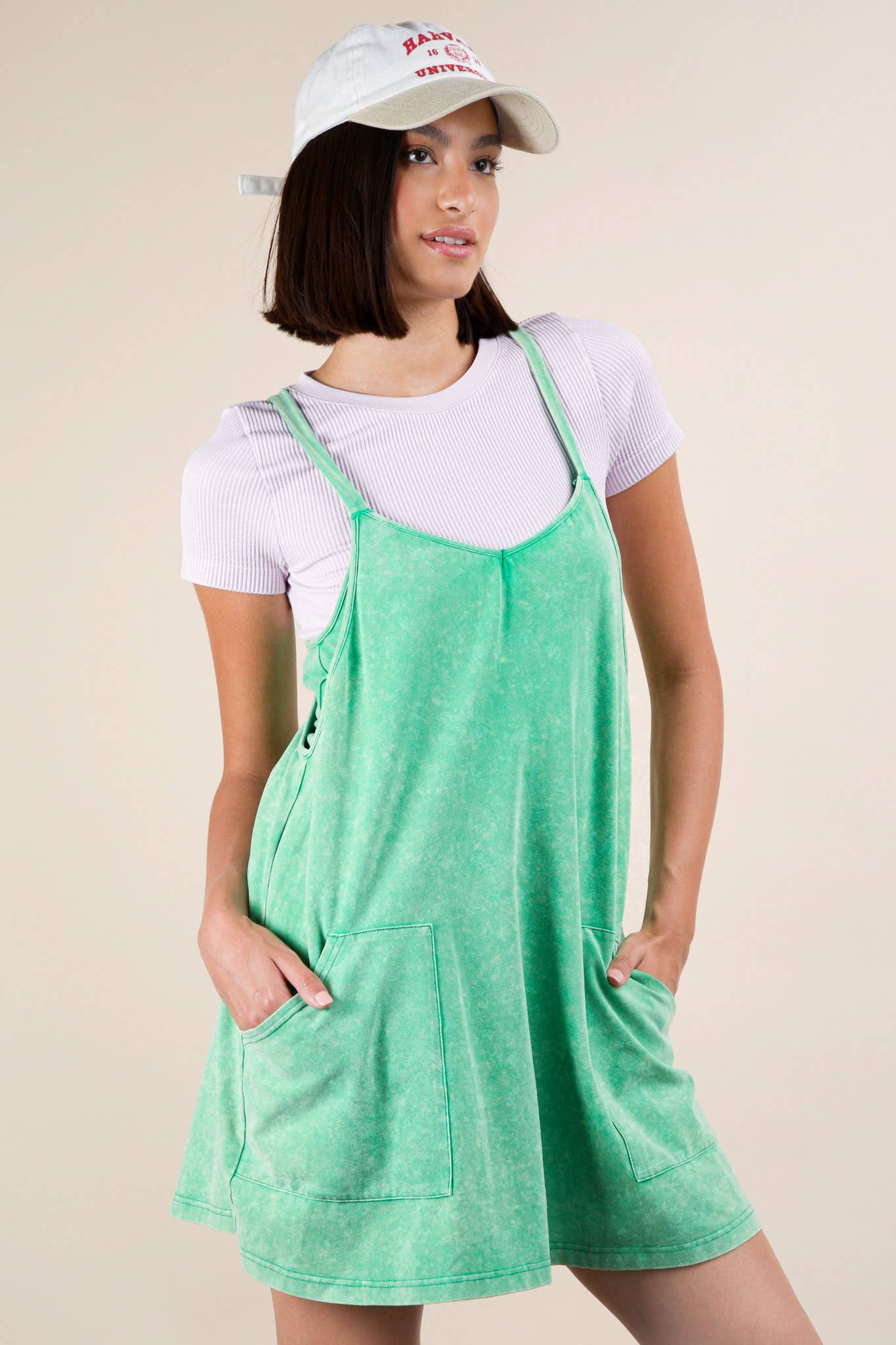 ND31251-Mineral Washed Knit Mini Dress with Shorts Inside : GREEN / S-M-L