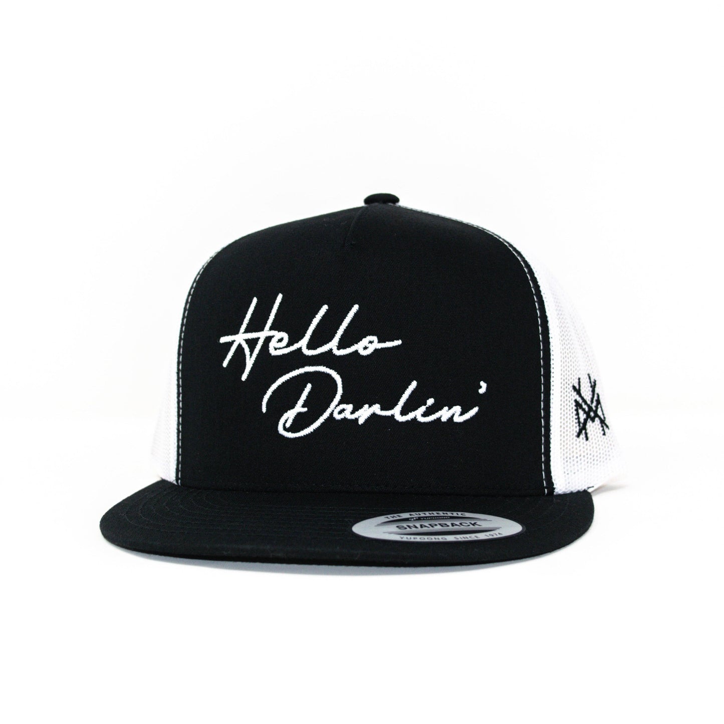 MHC Hello Darlin Trucker Hat: 6006 Yupoong Black/ White