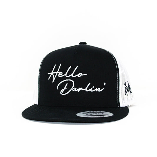 MHC Hello Darlin Trucker Hat: 6006 Yupoong Black/ White