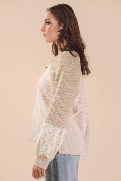 NT12328-Raglan Sleeve Color Block Casual Textured Knit Top: BABY BLUE