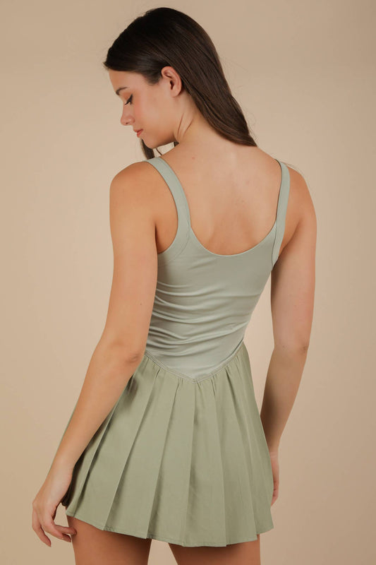 ND31725-Pleated Skirt Activewear Dress W/ Under Shorts: SAGE