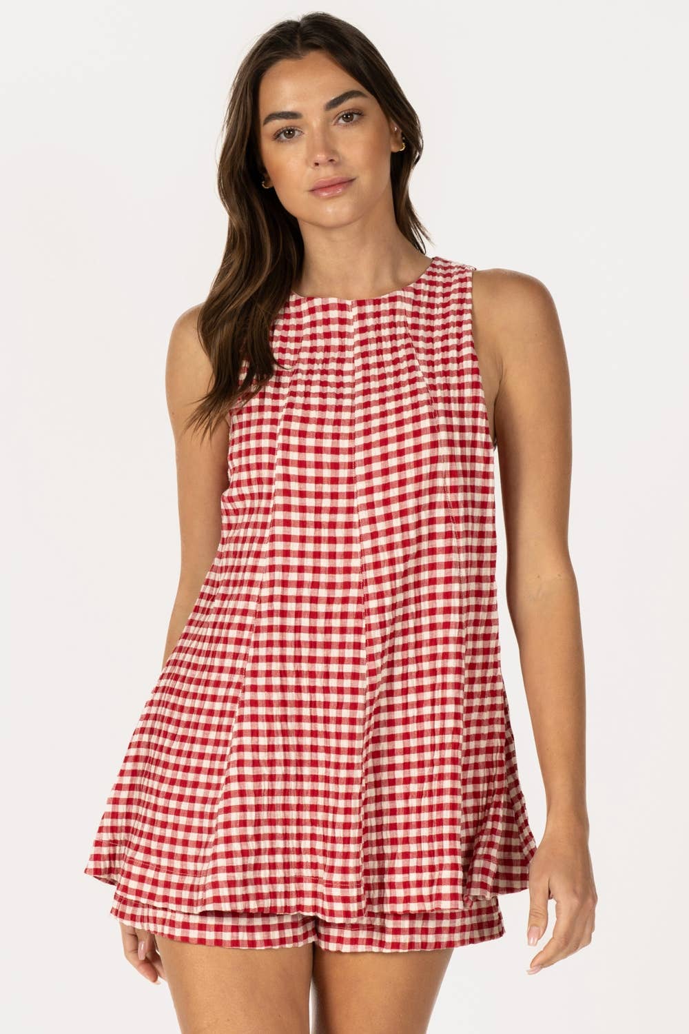 Gingham Sleeveless Baby doll Romper - RED