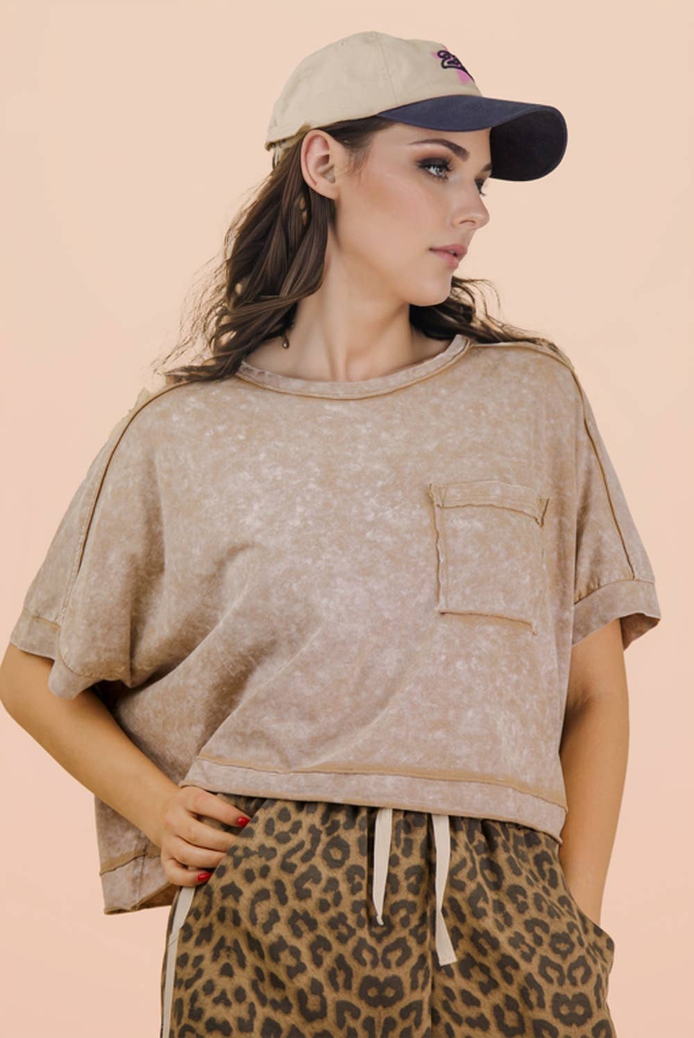 NT11429-Mineral Washed Oversized Crop Comfy Knit Top: BLUE