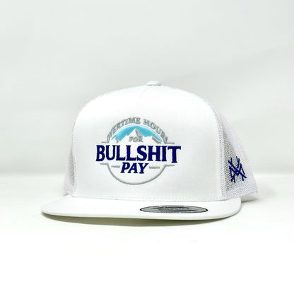 MHC Overtime Hours Trucker Hat: Yupoong 6006 White
