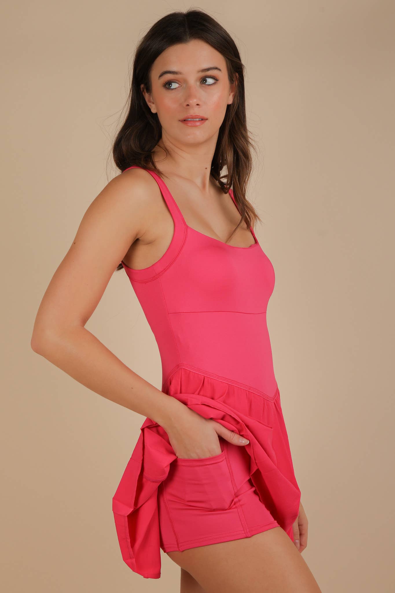 ND31725-Pleated Skirt Activewear Dress W/ Under Shorts: HOT PINK
