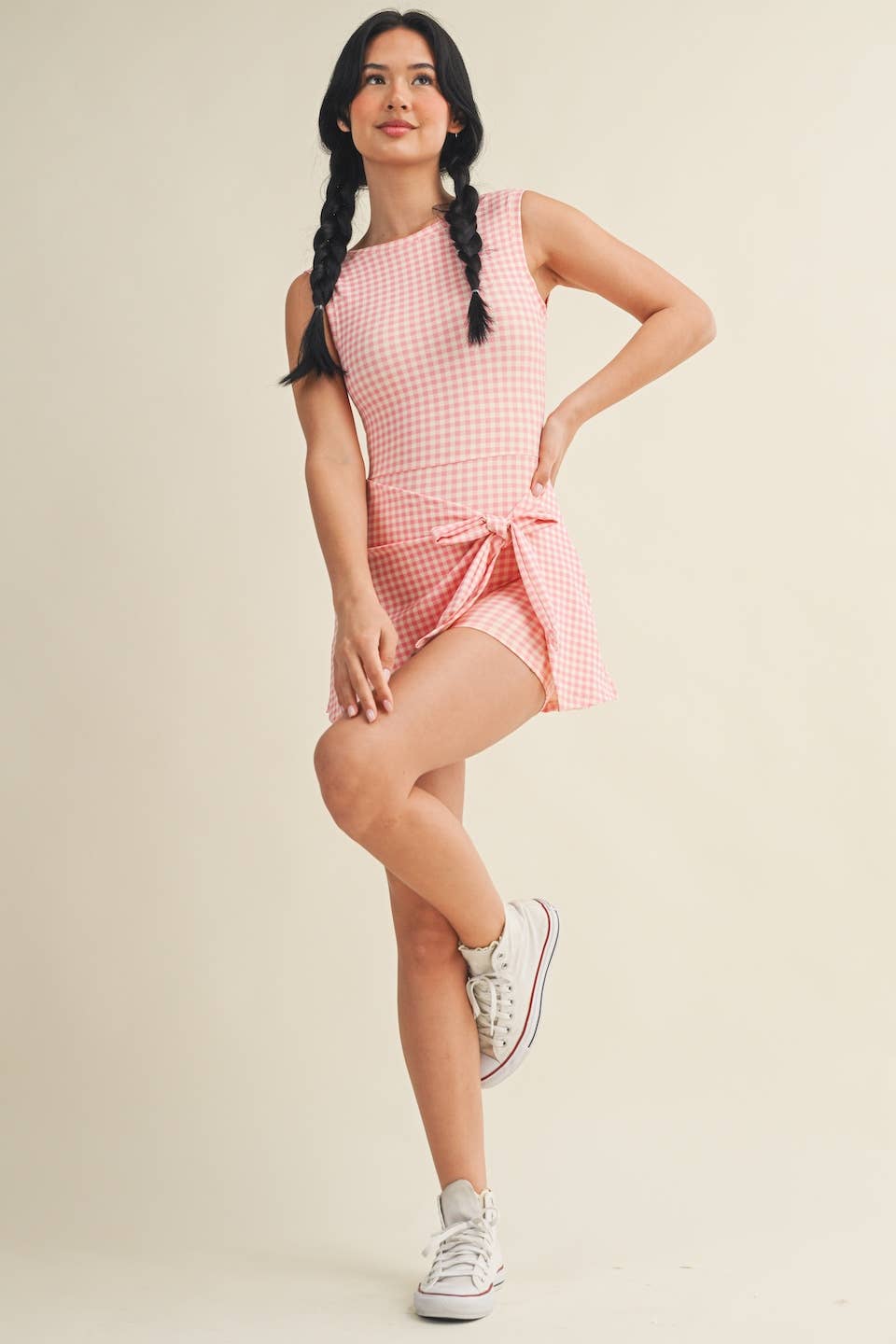 Gingham Print Sleeveless Wrap Tie Front Dress : Purple Gingham