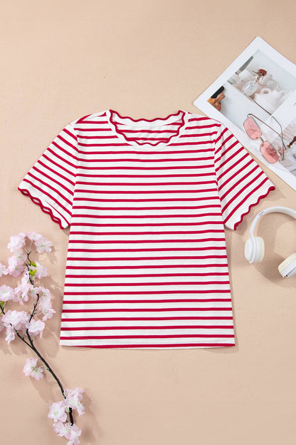 LAS Stripe Scalloped Trim Round Neck T Shirt : Red / Missy