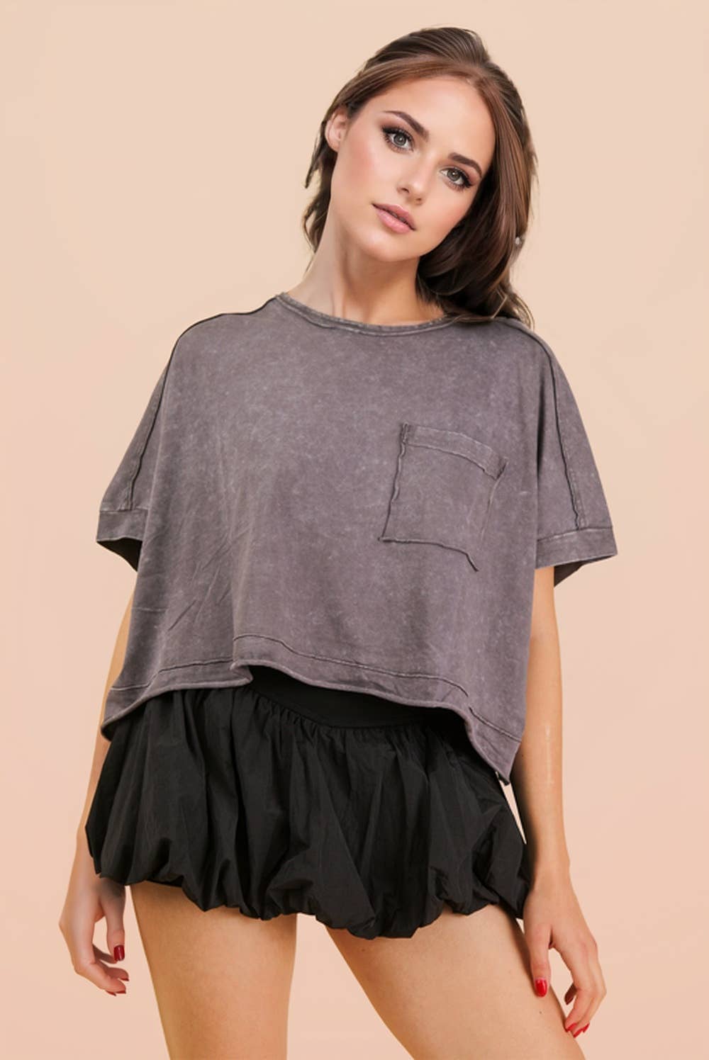 NT11429-Mineral Washed Oversized Crop Comfy Knit Top: BLUE