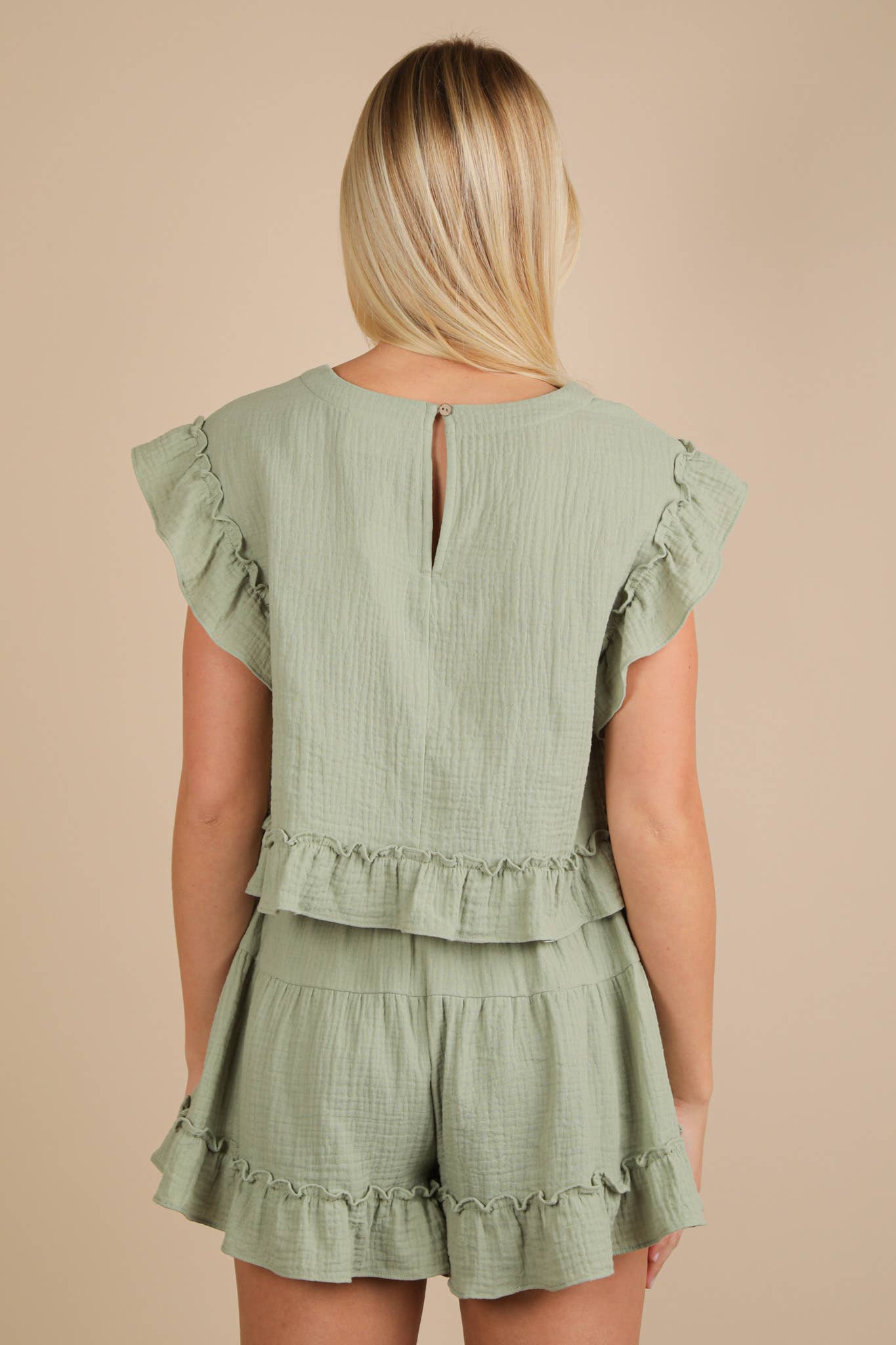 NT12150SET-Ruffled Solid Woven Top & Shorts Set: SAGE
