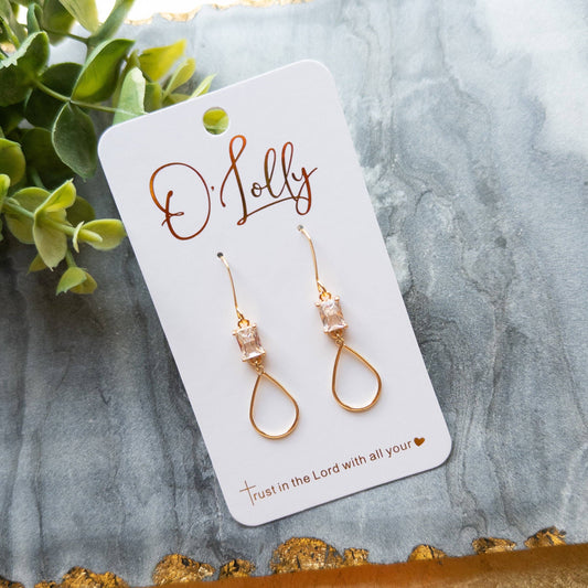 Gold Dainty Teardrop w/Clear Rectangle Glass Connector “August”