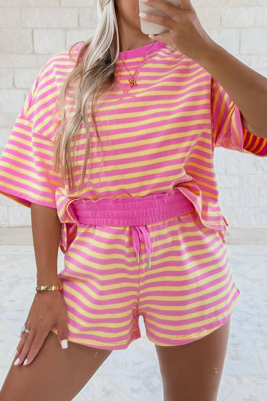 LAS Stripe Contrast Trim Boxy Terry Short Set (S-XL): Rose Stripe / Missy