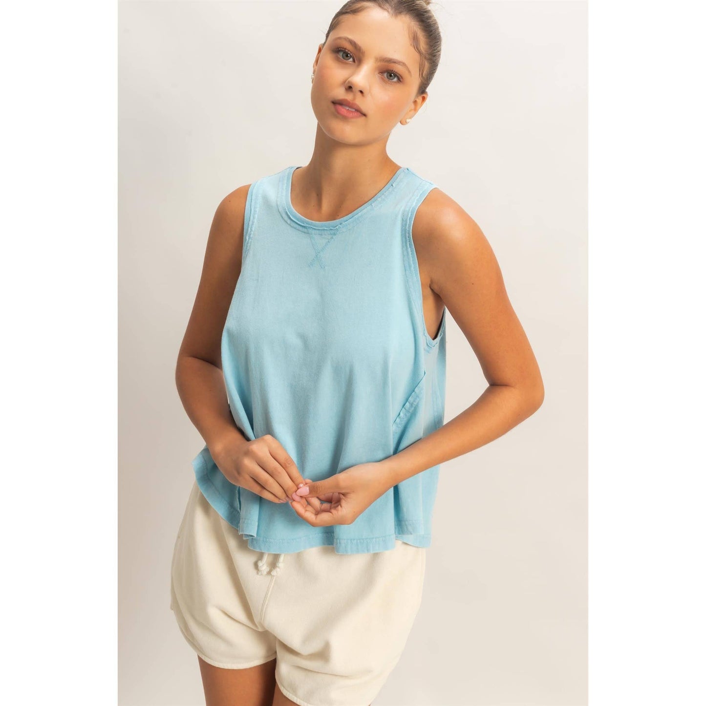 Raw Edge Details Sleeveless Washed Top: BLUE