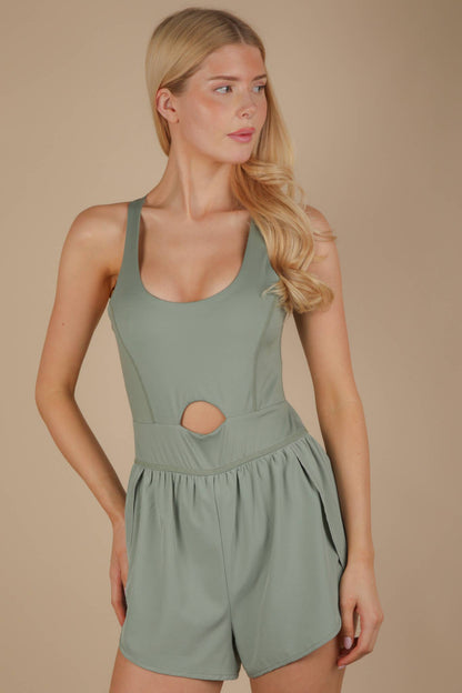 NP70880-Front Cutout Romper Activewear W/ Pantie Lining: SAGE