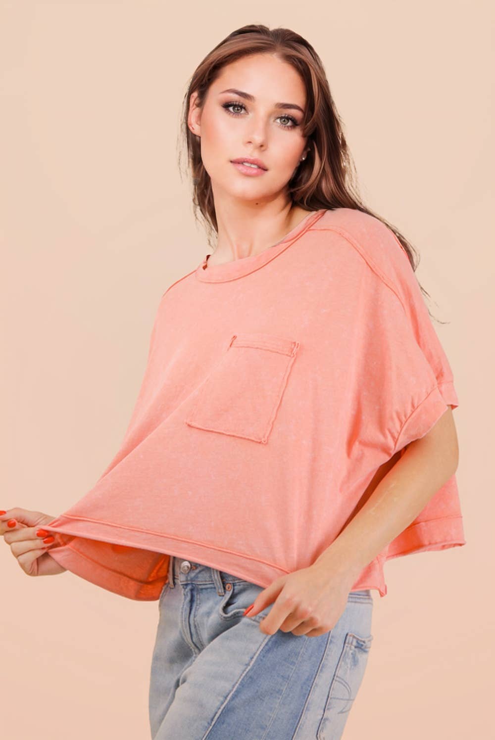 NT11429-Mineral Washed Oversized Crop Comfy Knit Top: BLUE