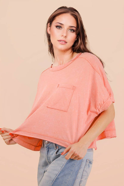 NT11429-Mineral Washed Oversized Crop Comfy Knit Top: BLUE