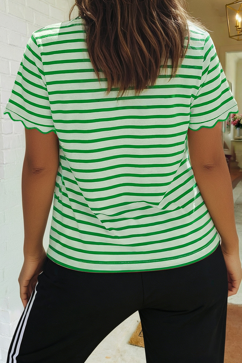 LAS Stripe Scalloped Trim Round Neck T Shirt : Red / Missy