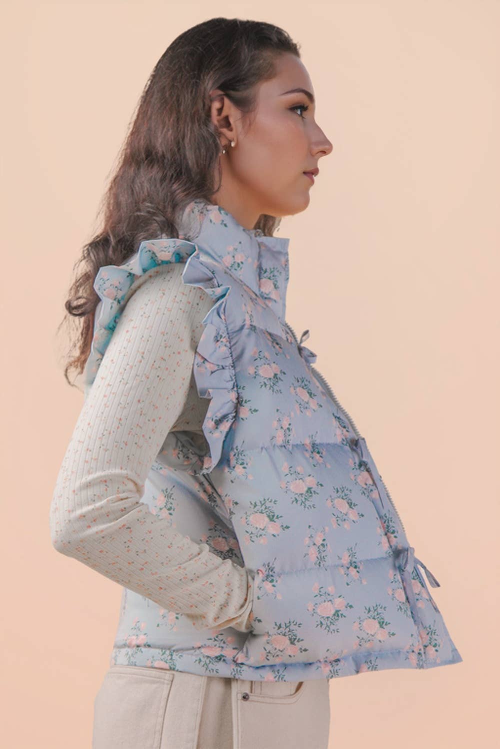 NJ90385-Front Bow Ruffle Sleeve Puffer Vest: SAGE