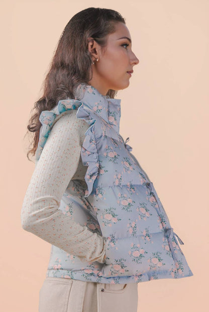 NJ90385-Front Bow Ruffle Sleeve Puffer Vest: SAGE