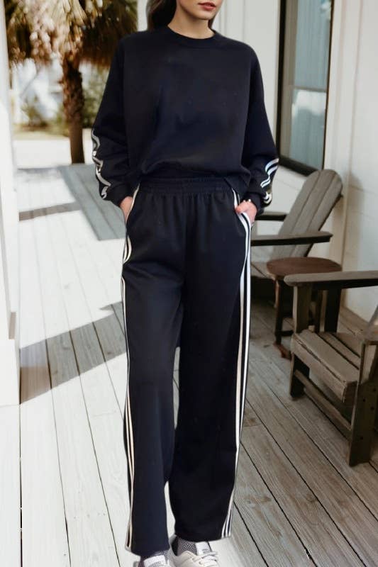 Varsity Striped Pullover Elastic Sweatpants 2pcs Outfit Black / Missy