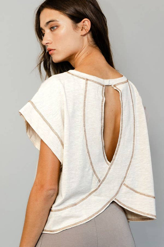 Overlap Open Back Reverse Stitched Crop Top: NATURAL