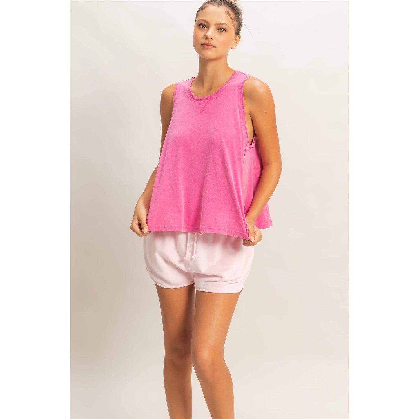 Raw Edge Details Sleeveless Washed Top: FUCHSIA