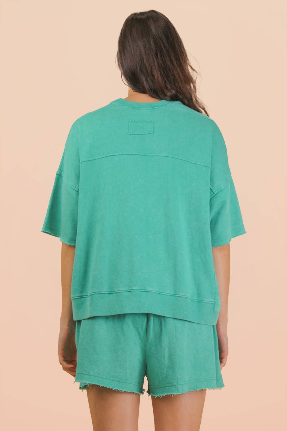 Mineral Washed Knit Casual Top & Shorts: DENIM