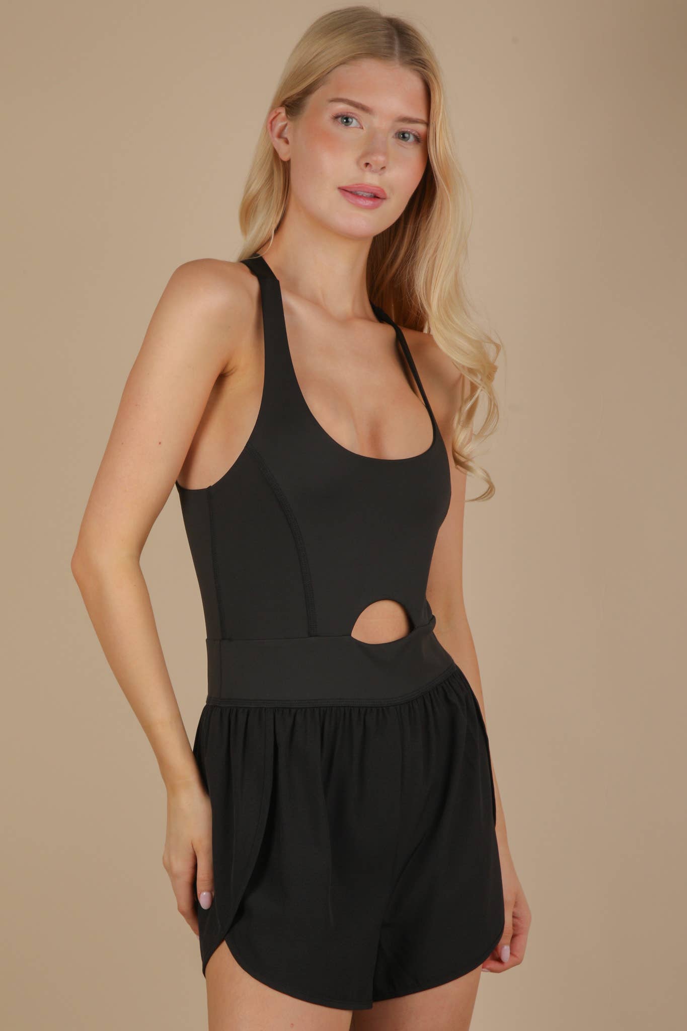 NP70880-Front Cutout Romper Activewear W/ Pantie Lining: BLACK