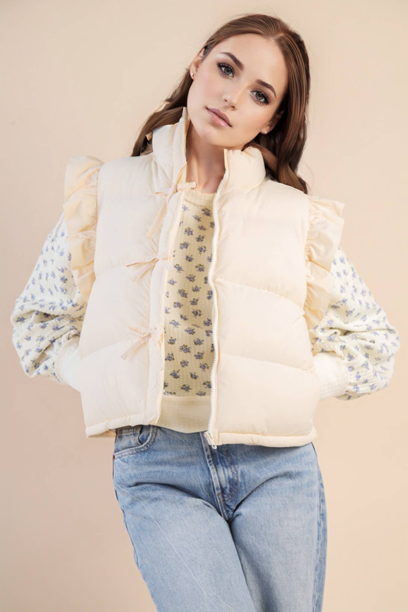 NJ90385-Front Bow Ruffle Sleeve Puffer Vest: SAGE