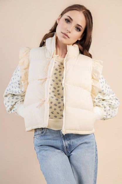 NJ90385-Front Bow Ruffle Sleeve Puffer Vest: SAGE
