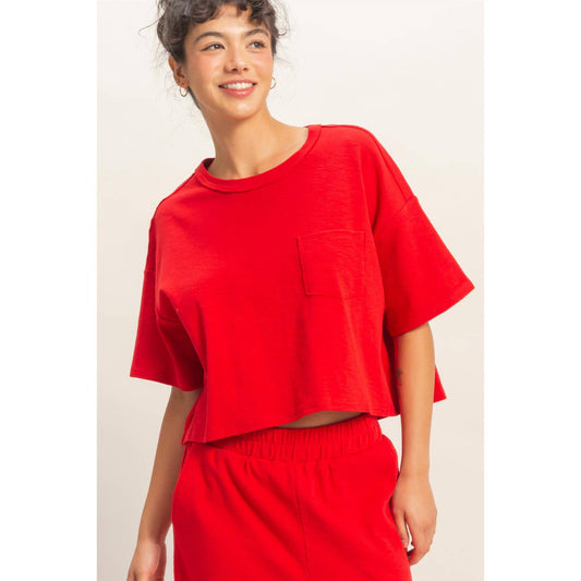 Boxy Crew Neck Top With Pocket: RED