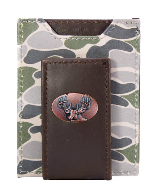 Buck Men's Magnetic Front Pocket Old School Camo Leather Wallet.: Brown/Tan Camo